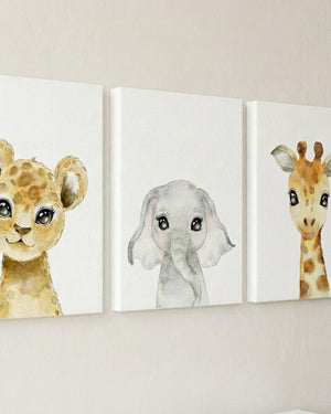 Set 3 cuadros infantiles Canvas León Elefante y Jirafa 30 x 40 cm
