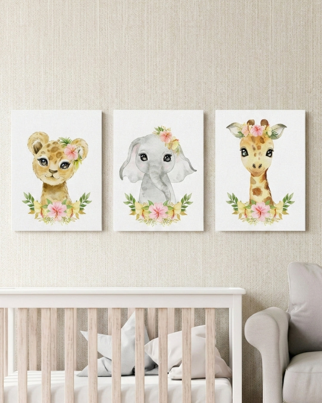 Set 3 cuadros infantiles Floral Canvas León Elefante y Jirafa