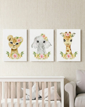 Set 3 cuadros infantiles Floral Canvas León Elefante y Jirafa