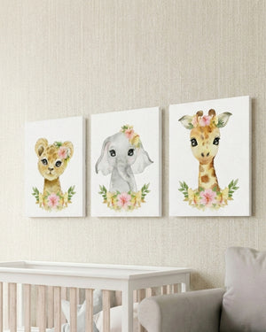 Set 3 cuadros infantiles Floral Canvas León Elefante y Jirafa