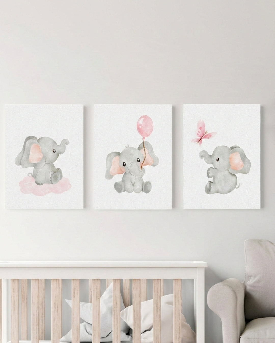 Set 3 cuadros infantiles Elefante Rosa Acuarela