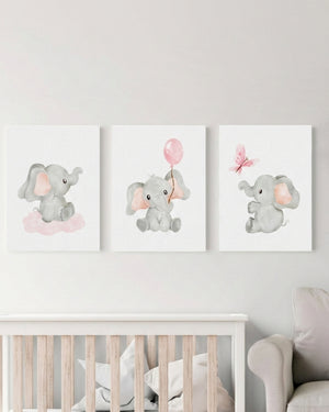 Set 3 cuadros infantiles Elefante Rosa Acuarela