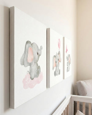 Set 3 cuadros infantiles Elefante Rosa Acuarela