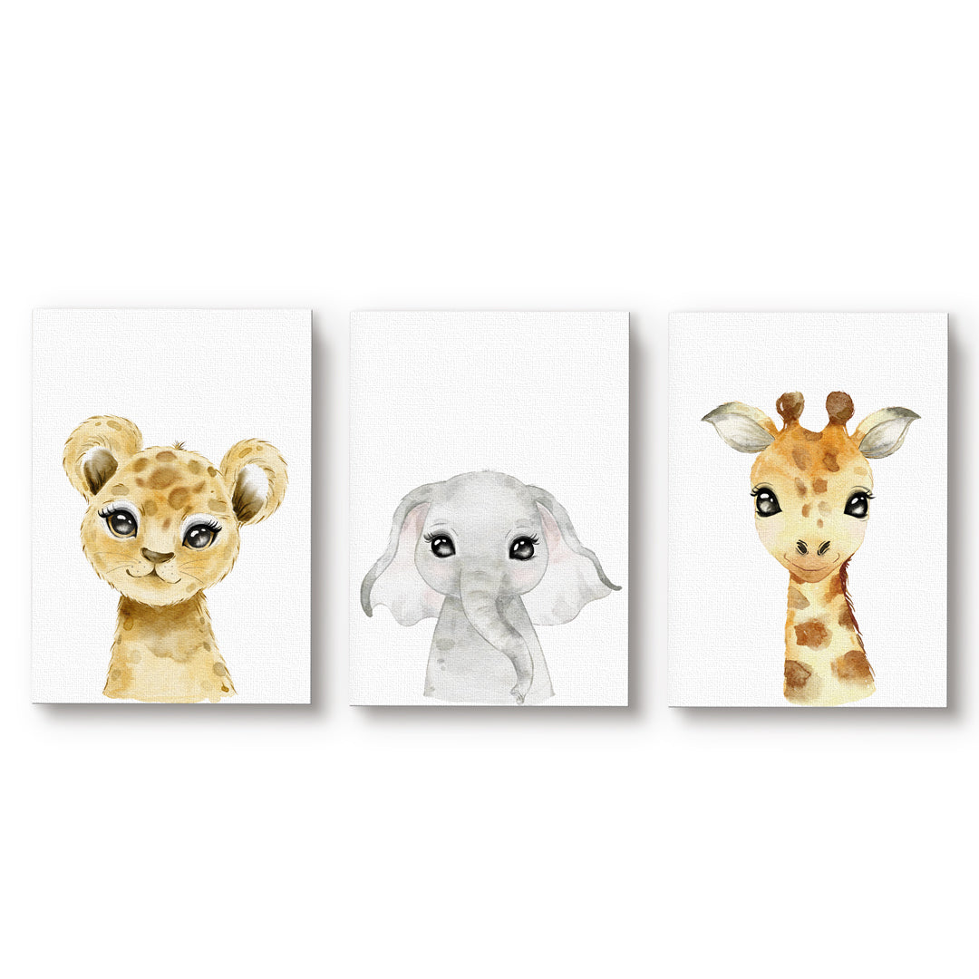 Set 3 cuadros infantiles Canvas León Elefante y Jirafa