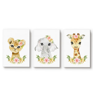 Set 3 cuadros infantiles Floral Canvas León Elefante y Jirafa