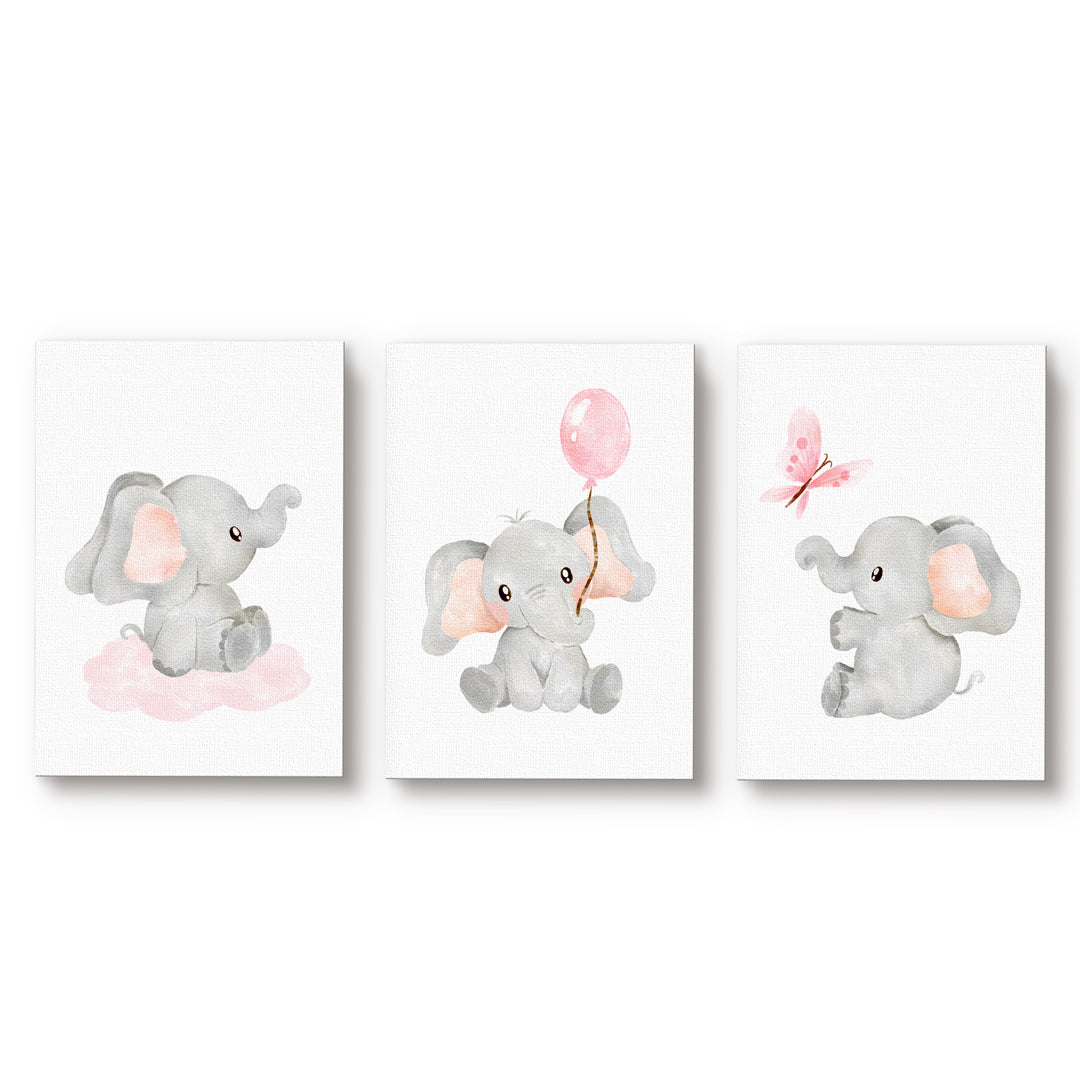 Set 3 cuadros infantiles Elefante Rosa Acuarela