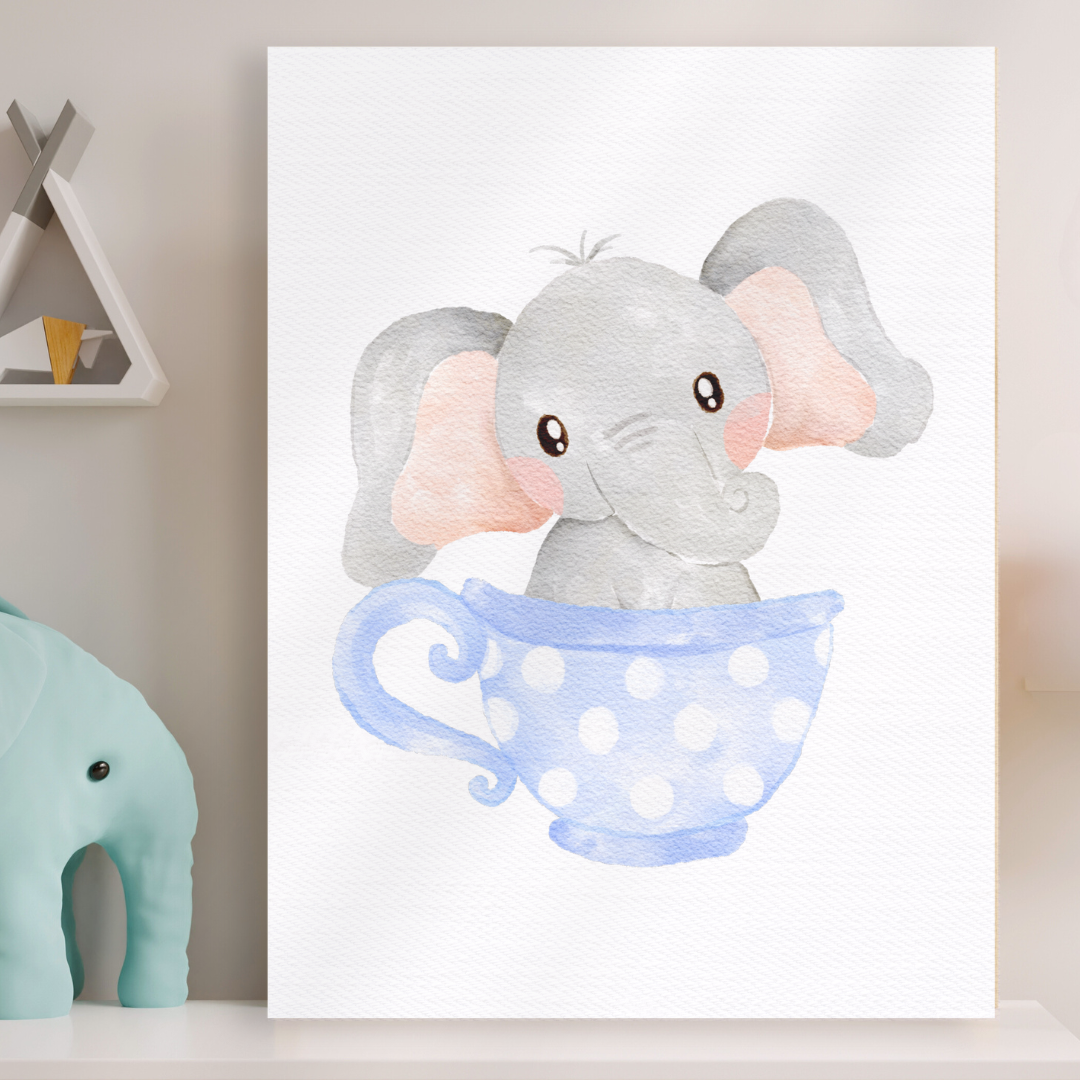 Set 3 cuadros infantiles Elefante Taza Azul Floral