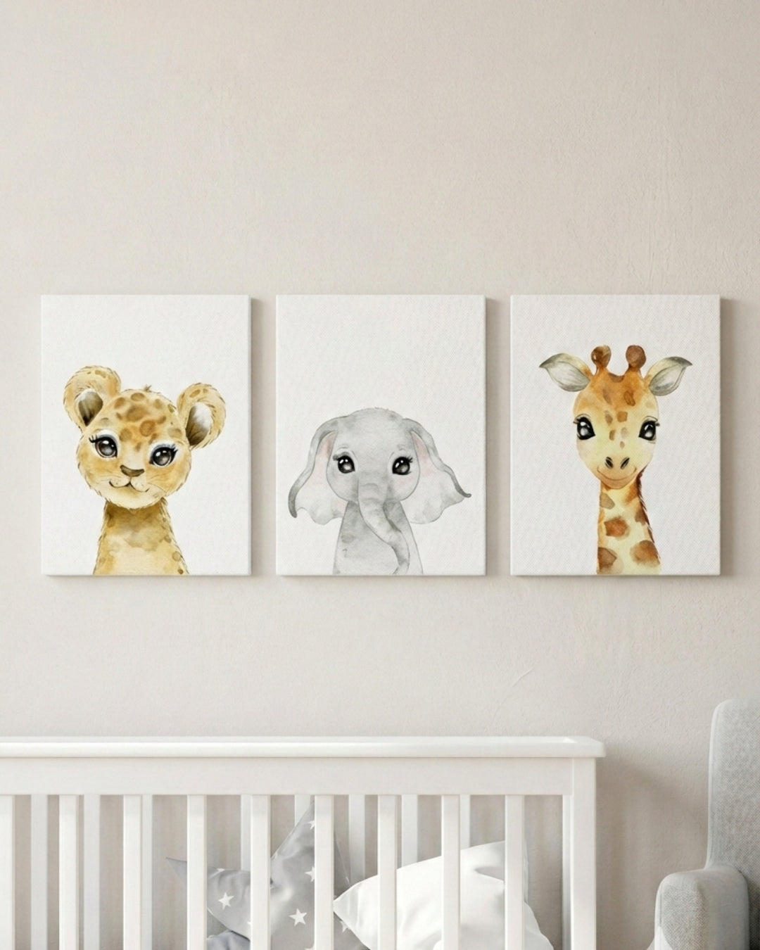 Set 3 cuadros infantiles Canvas León Elefante y Jirafa