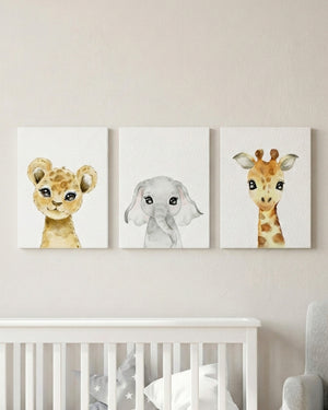 Set 3 cuadros infantiles Canvas León Elefante y Jirafa 30 x 40 cm