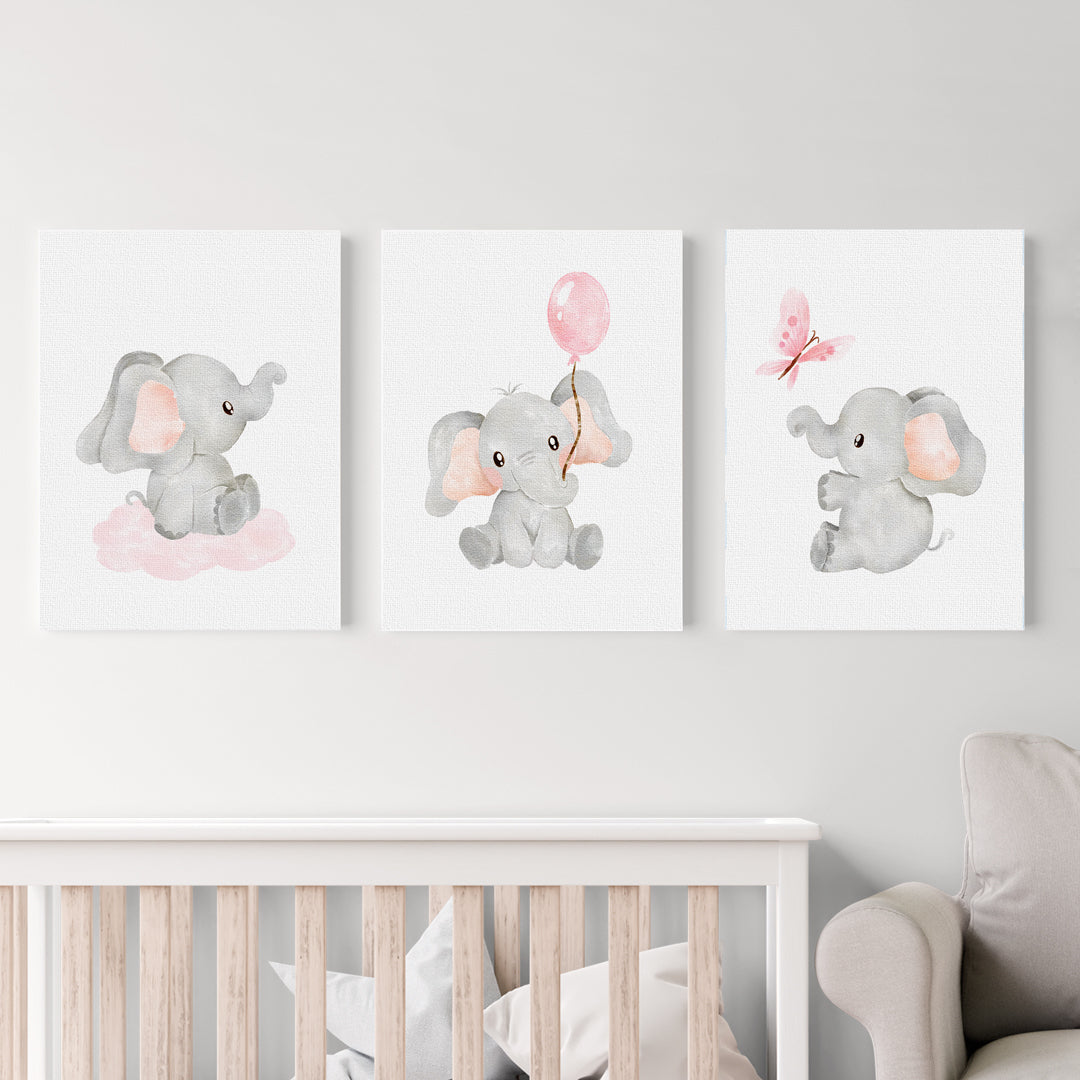 Set 3 cuadros infantiles Elefante Rosa Acuarela