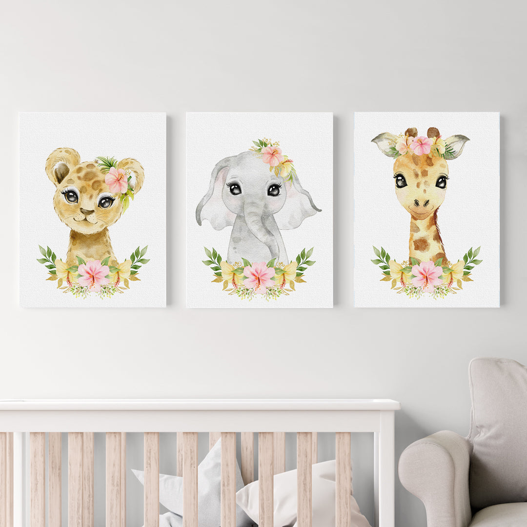 Set 3 cuadros infantiles Floral Canvas León Elefante y Jirafa