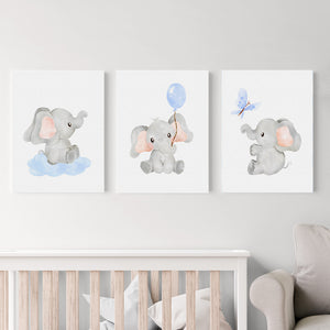 Set 3 cuadros infantiles Elefante Azul Acuarela