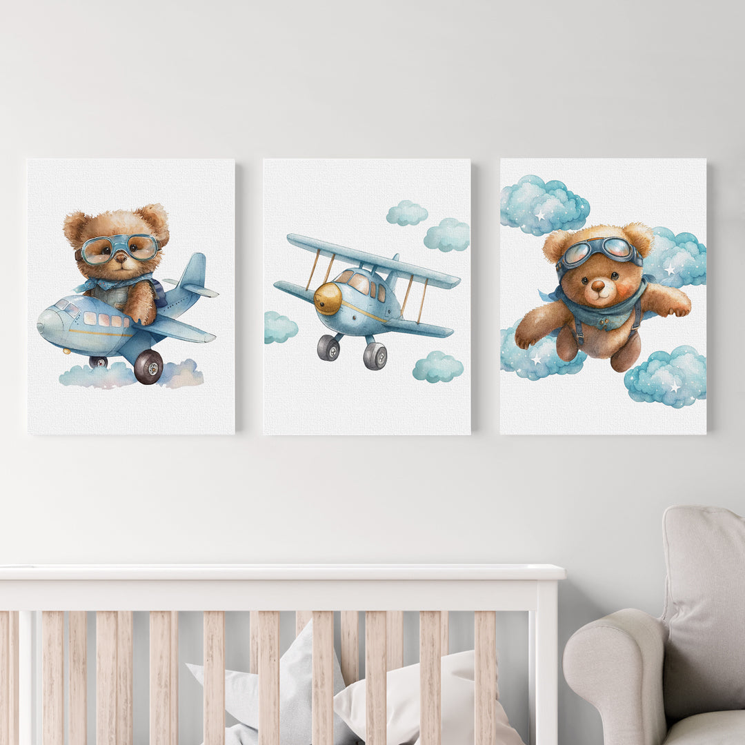 Set 3 cuadros infantiles Canvas Oso Aviador