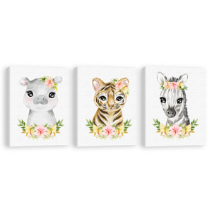 Set 3 cuadros infantiles Floral Hipopotamo Tigre Cebra