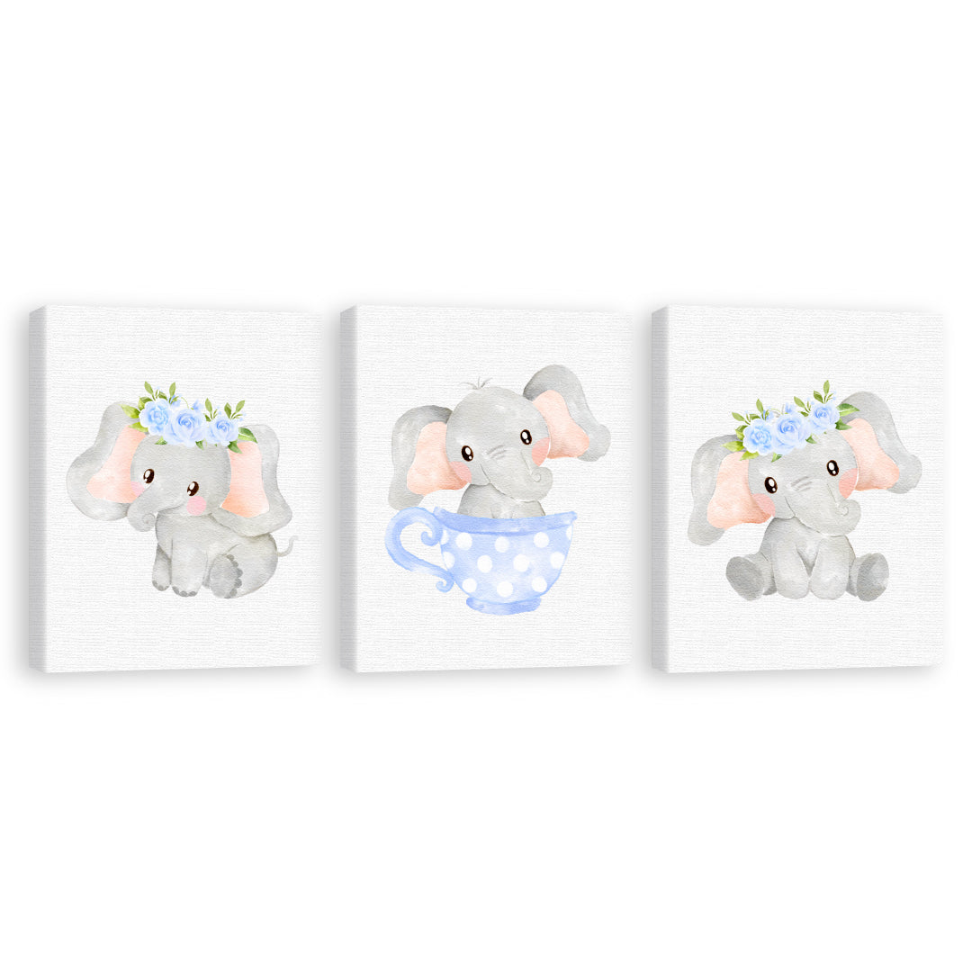 Set 3 cuadros infantiles Elefante Taza Azul Floral