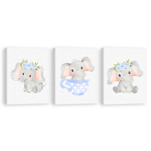 Set 3 cuadros infantiles Elefante Taza Azul Floral