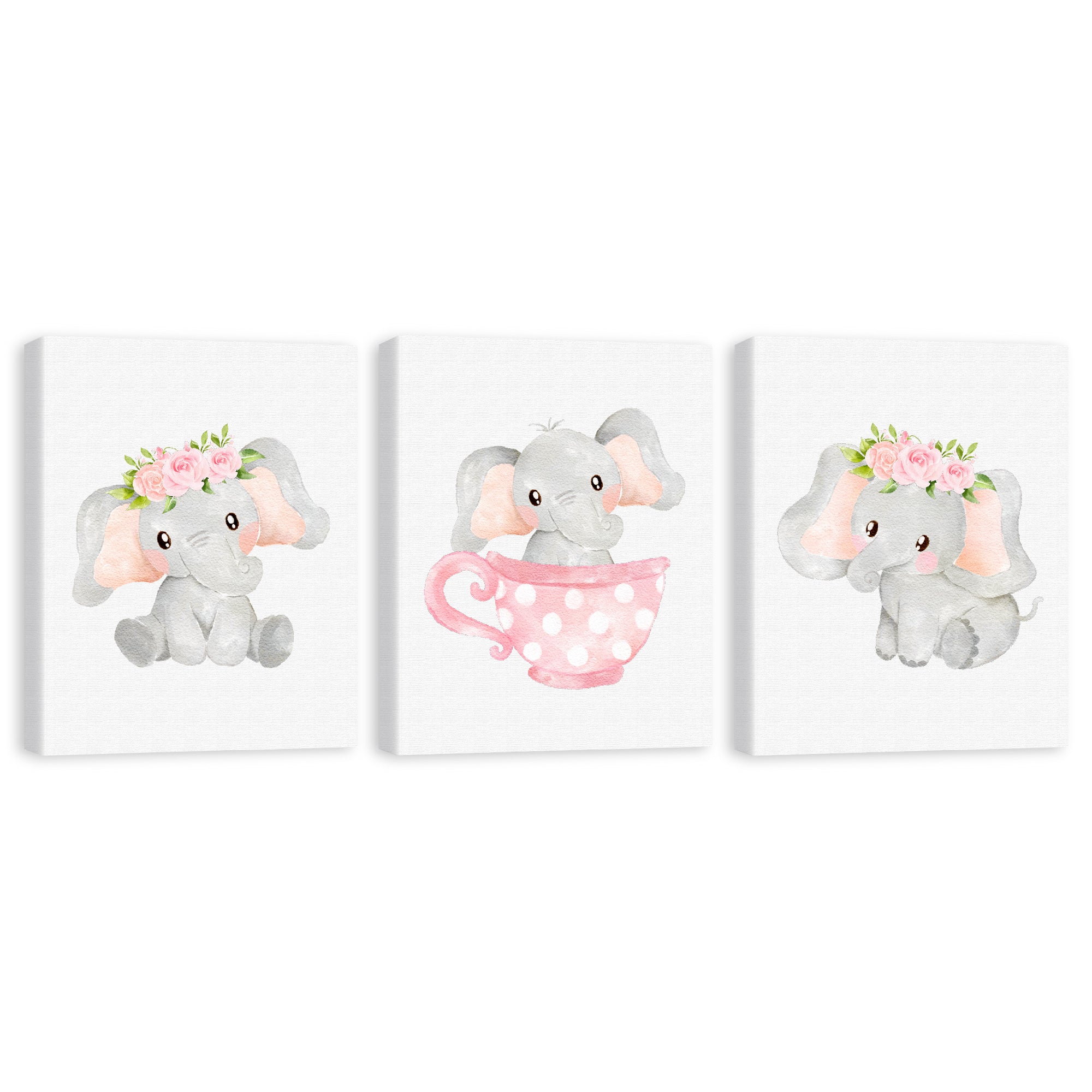 Set 3 cuadros infantiles Elefante Rosa Floral  Taza