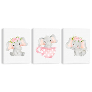 Set 3 cuadros infantiles Elefante Rosa Floral  Taza